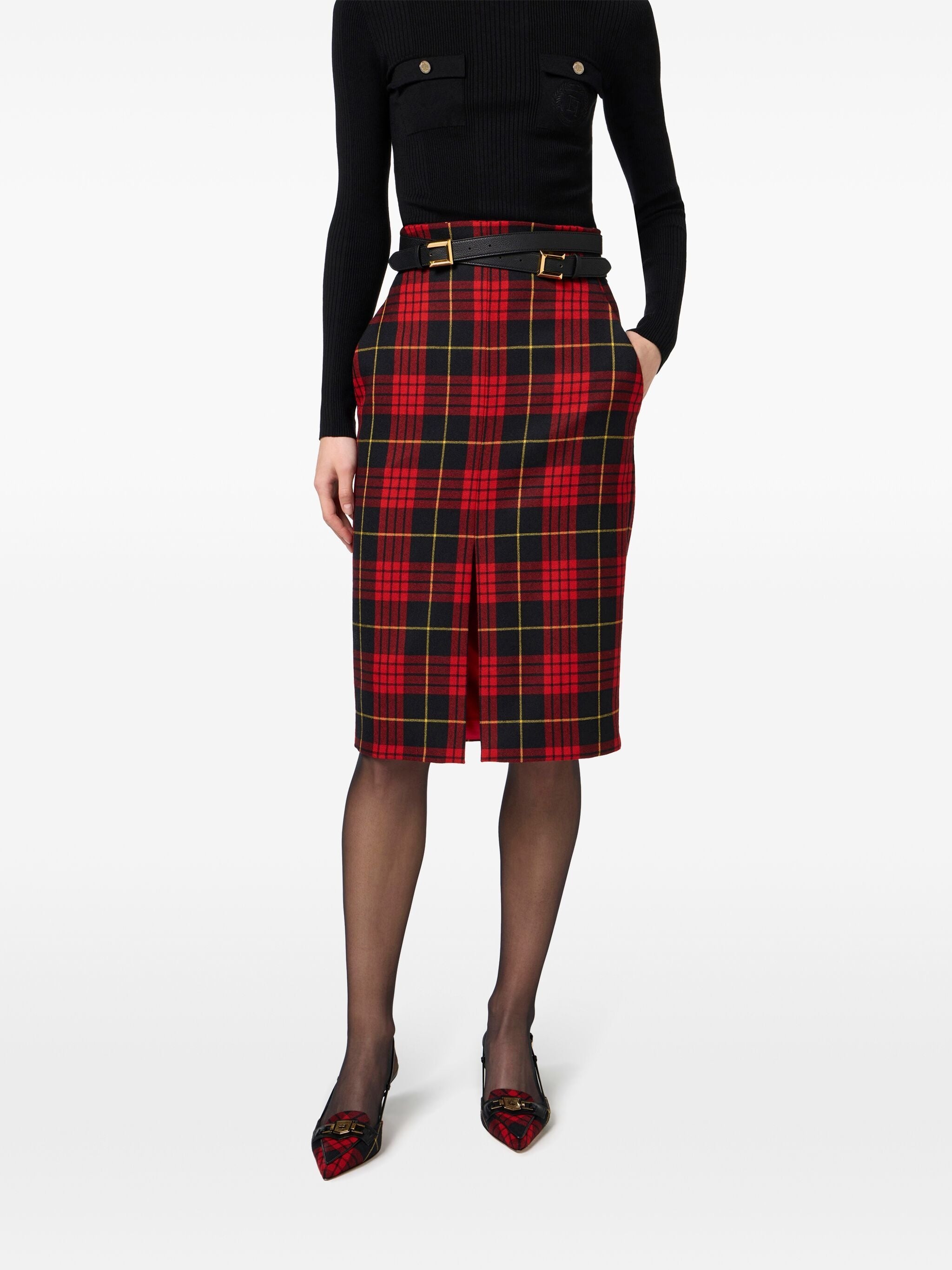 ELISABETTA FRANCHI BELTED TARTAN MIDI SKIRT