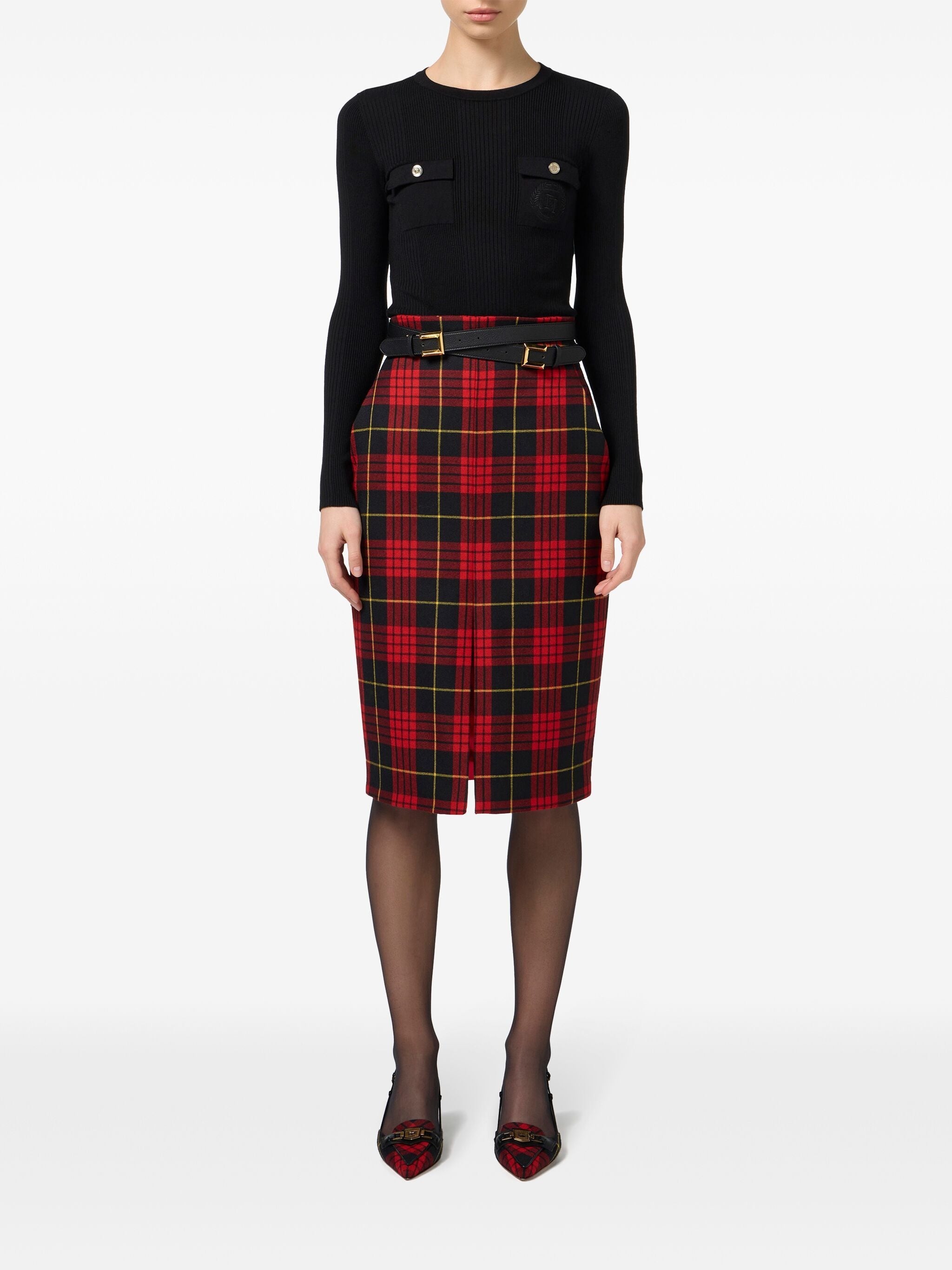 ELISABETTA FRANCHI BELTED TARTAN MIDI SKIRT