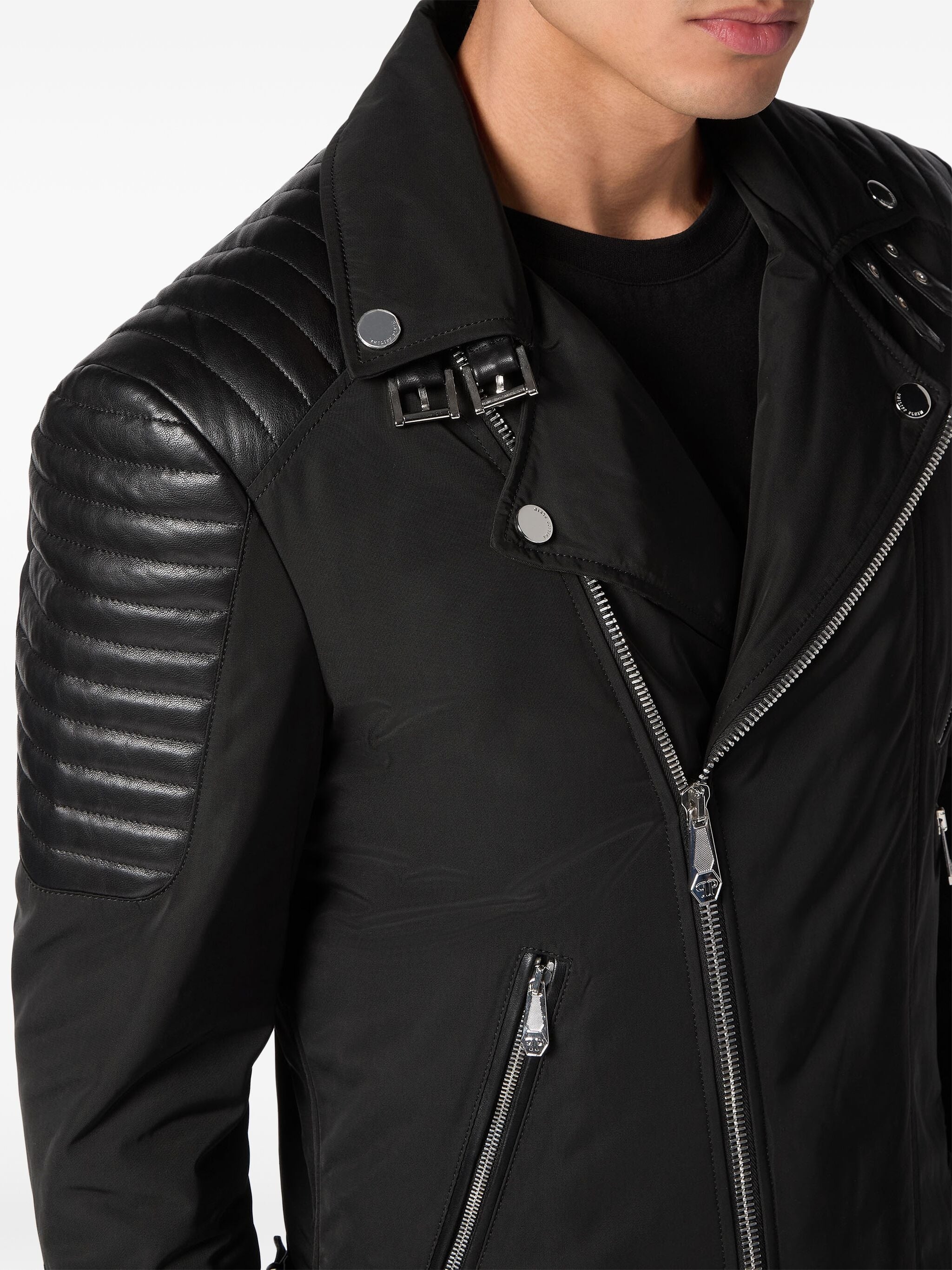 PHILIPP PLEIN PADDED-DETAIL LEATHER BIKER JACKET