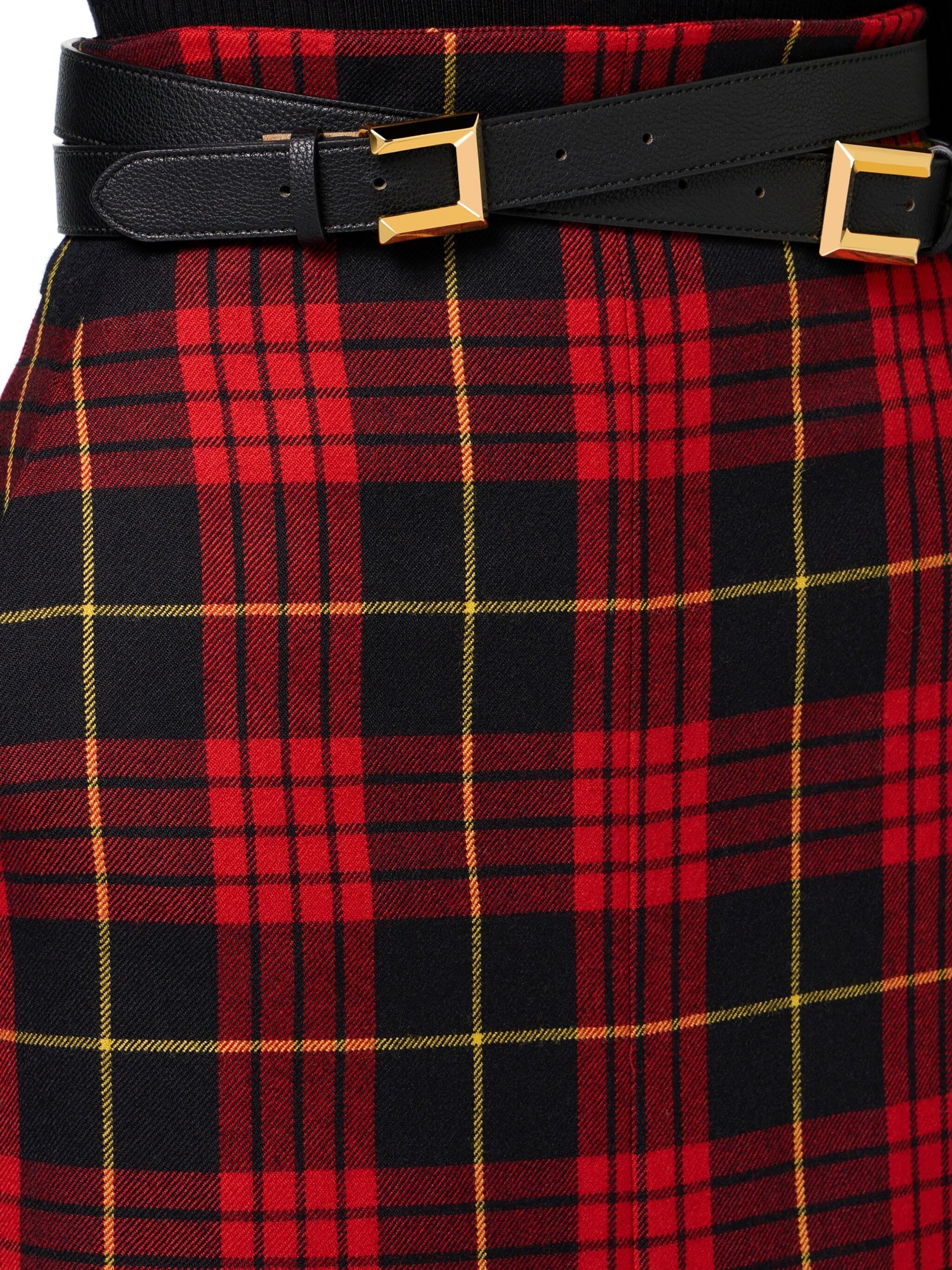 ELISABETTA FRANCHI BELTED TARTAN MIDI SKIRT