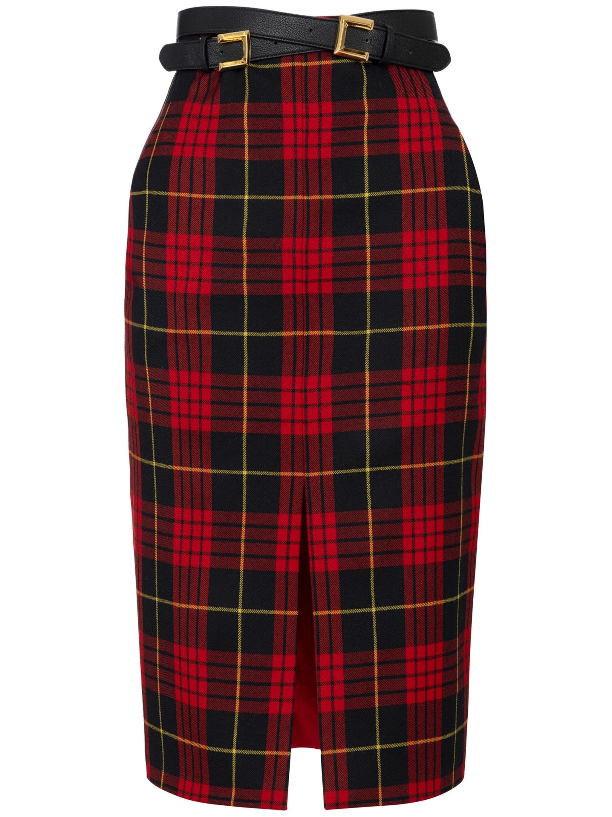 ELISABETTA FRANCHI BELTED TARTAN MIDI SKIRT