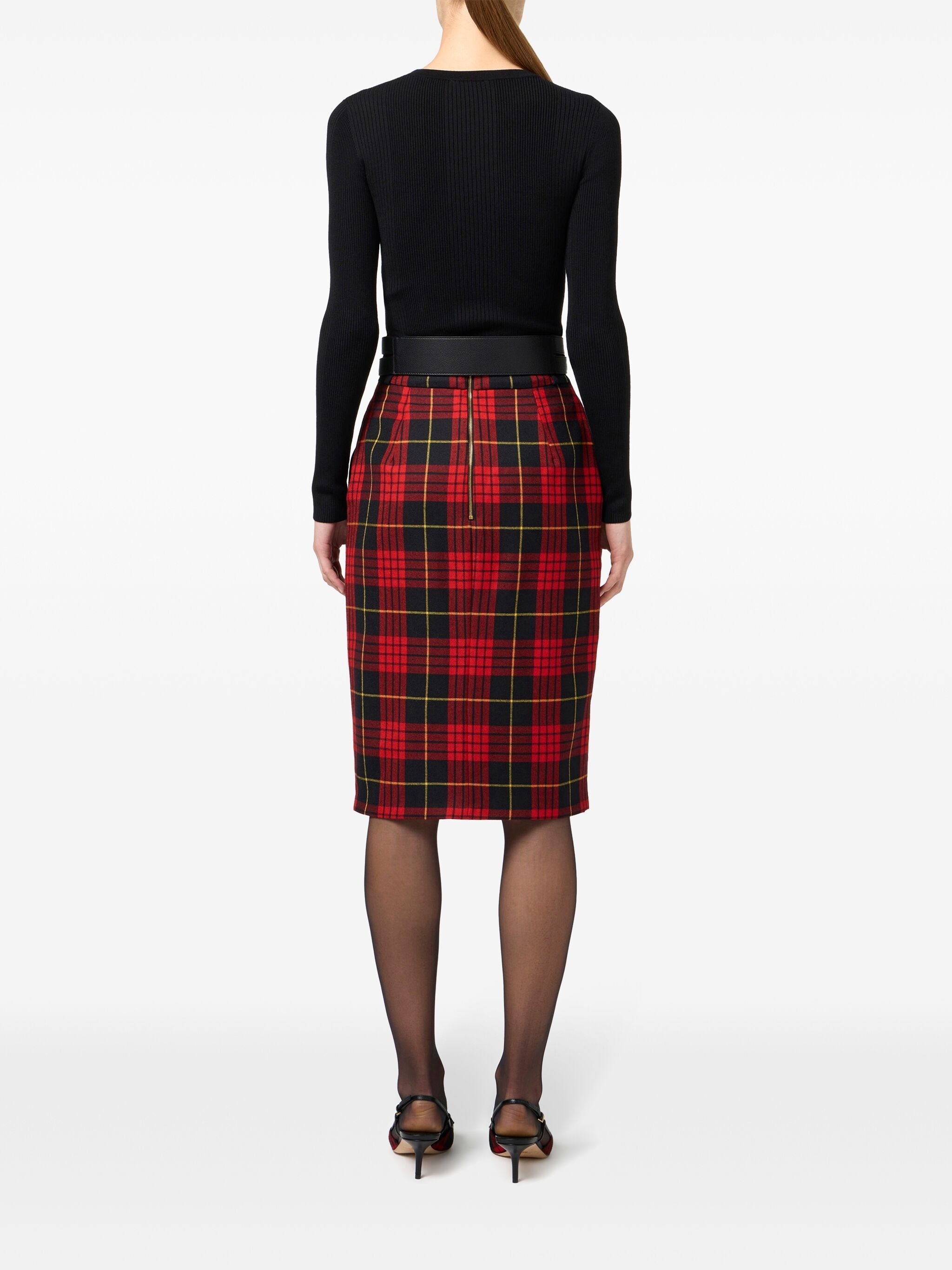 ELISABETTA FRANCHI BELTED TARTAN MIDI SKIRT