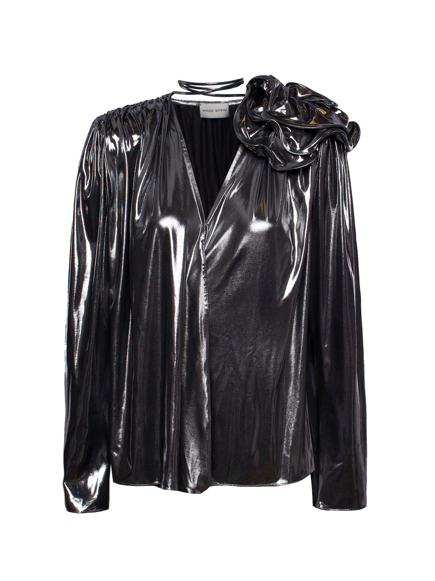 MAGDA BUTRYM FLORAL-APPLIQUÉ METALLIC SILK BLOUSE